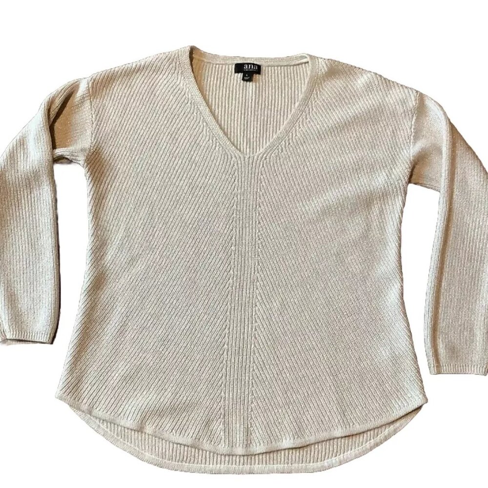 a.n.a. NEW APPROACH V-Neck Tunic Sweater-Cream/Ivory w Gold Metallic Thread Sz M